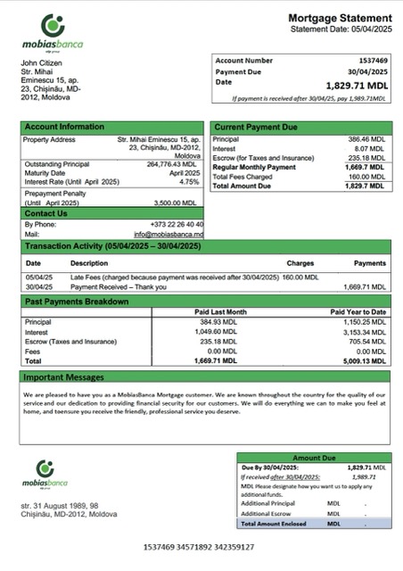 Download Moldova MobiasBanca mortgage statement Word and PDF template Photoshop template
